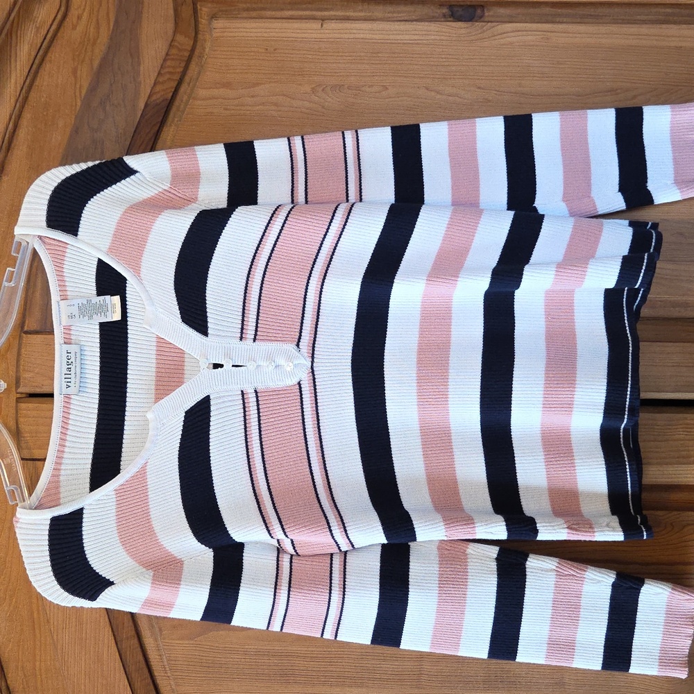 Women's Large V-Neck Sweater Long Sleeve Stripe Pink White Blue Liz Claiborne